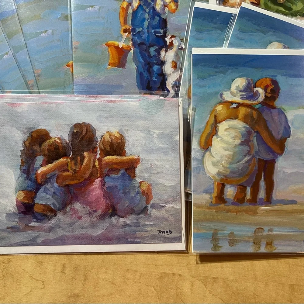 25 new in sealed plastic blank greeting cards, children on the beach painting